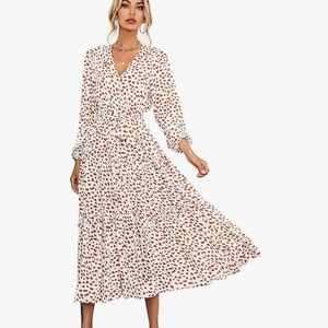 Chic White and Brown Polka Dot Long Sleeve Dress